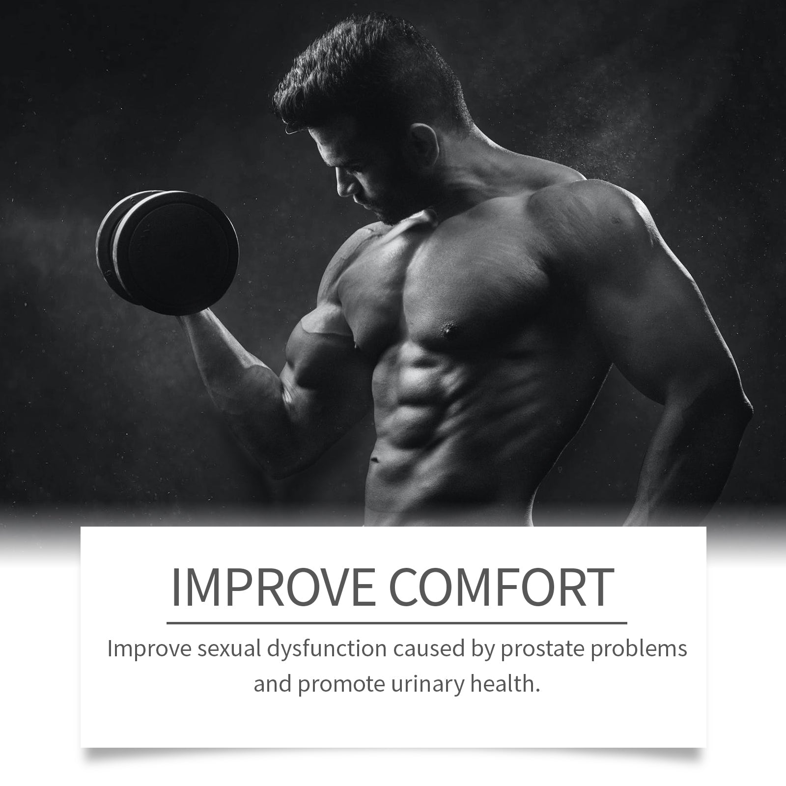 Athletic male figure with dumbbell against dramatic black background with 'Improve Comfort' headline