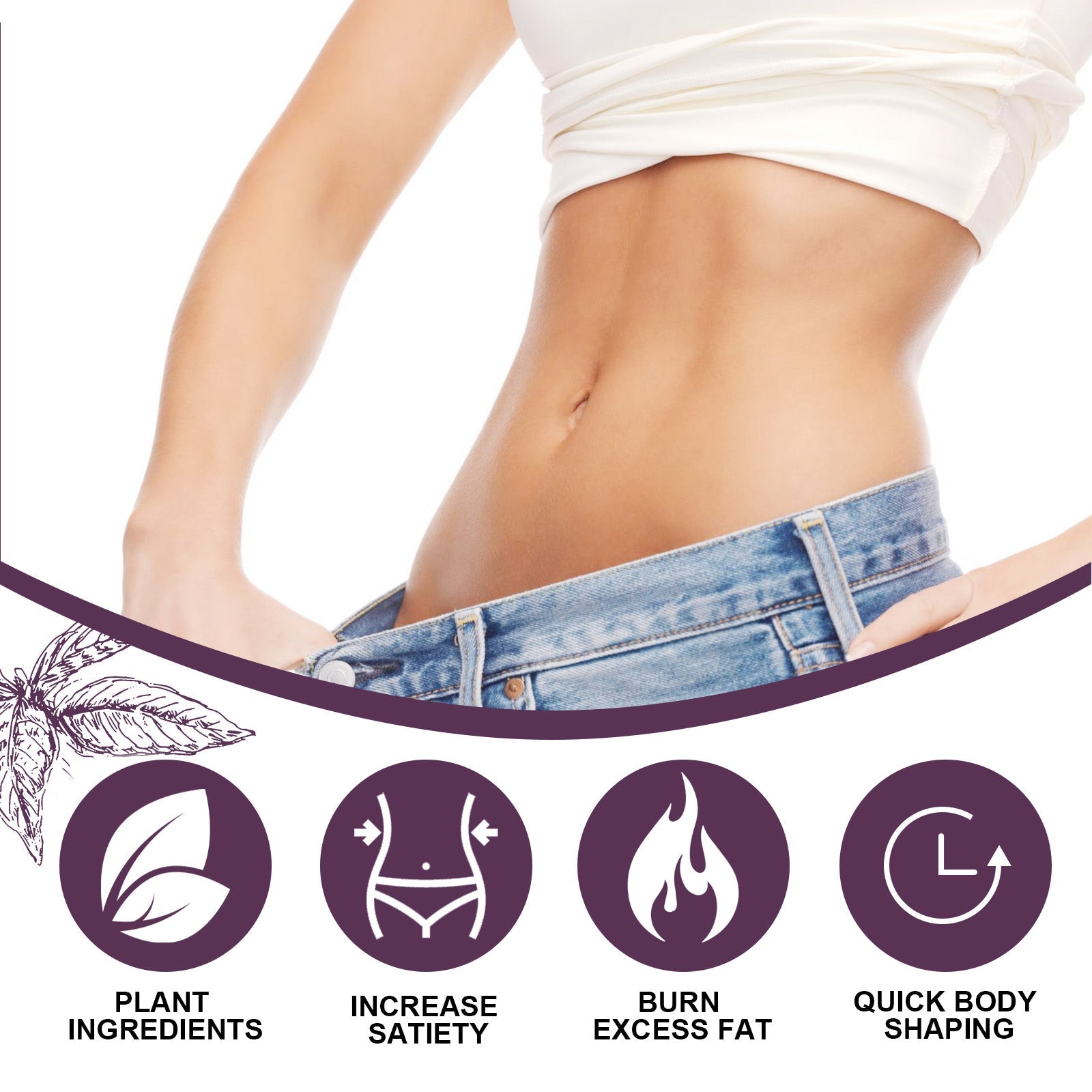 Split-panel before/after comparison showing woman's waist measurement with tape measure, waist circumference reduction visible; lifestyle shot of woman in white sports bra measuring with yellow tape measure; ingredient showcase with turmeric, blueberries, and natural botanicals