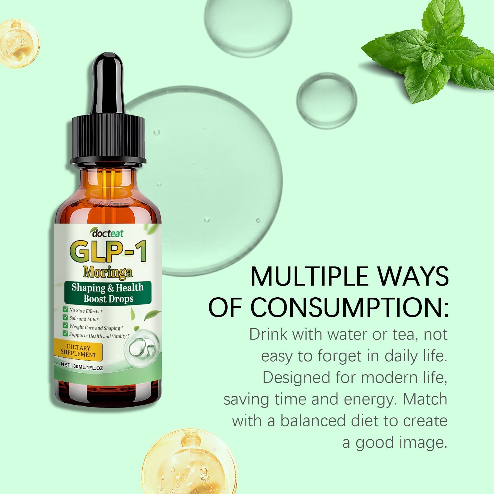 Product bottle with detailed ingredient callouts: Traditional Chinese Medicine Extract, Gluconolactone, and Vitamin B1 with benefit descriptions