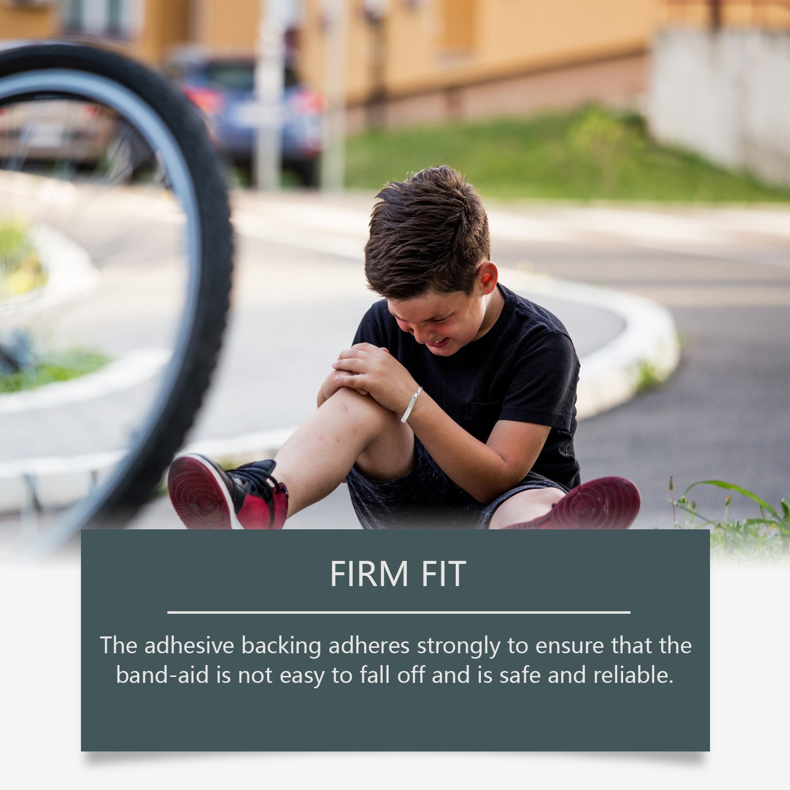 Child with scraped knee holding band-aid on wound during outdoor activity with text 'FIRM FIT' describing strong adhesive backing