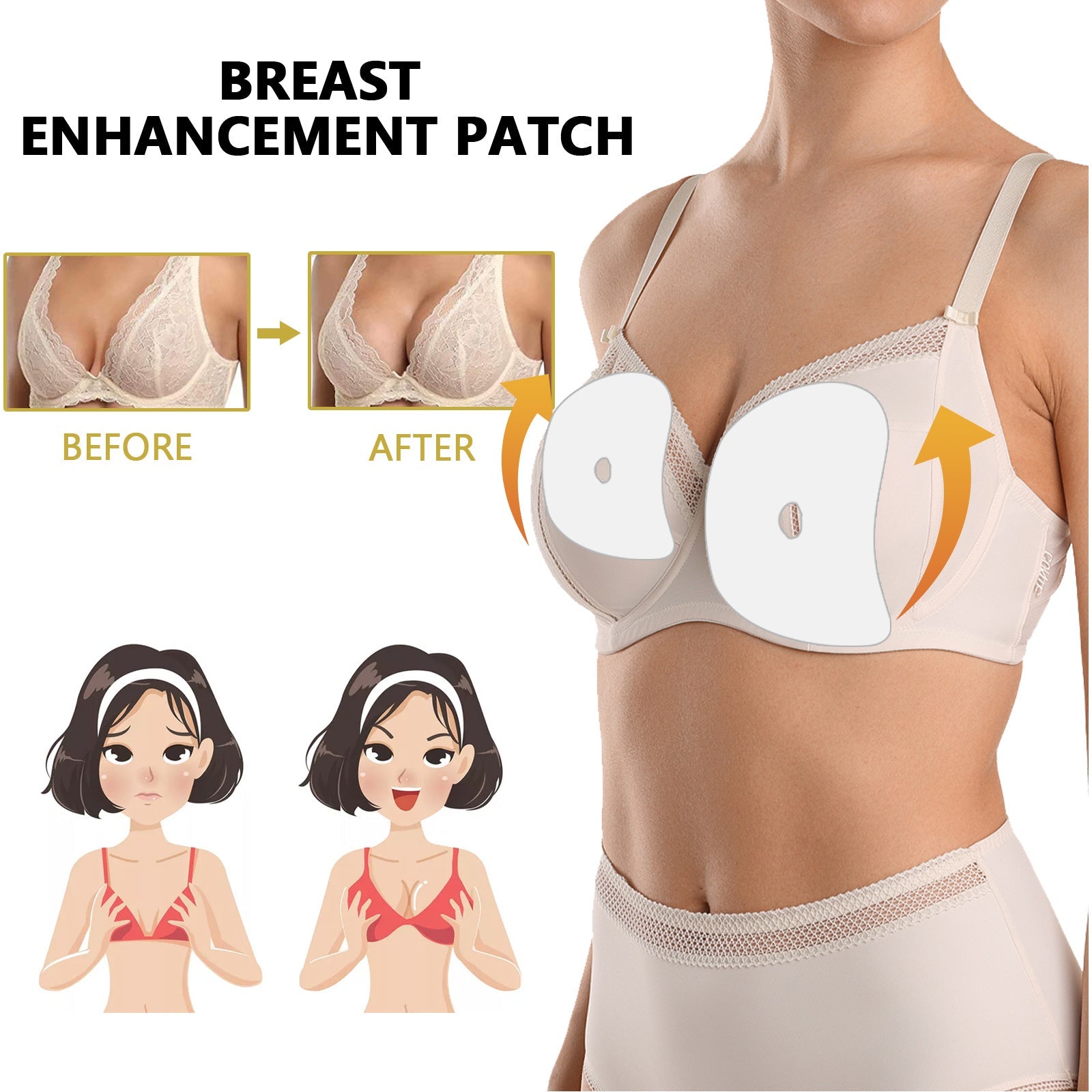EELHOE Breast Enhancement Patch box with gold trim showing product name, benefit claims, and botanical ingredients including ginger and papaya illustrations