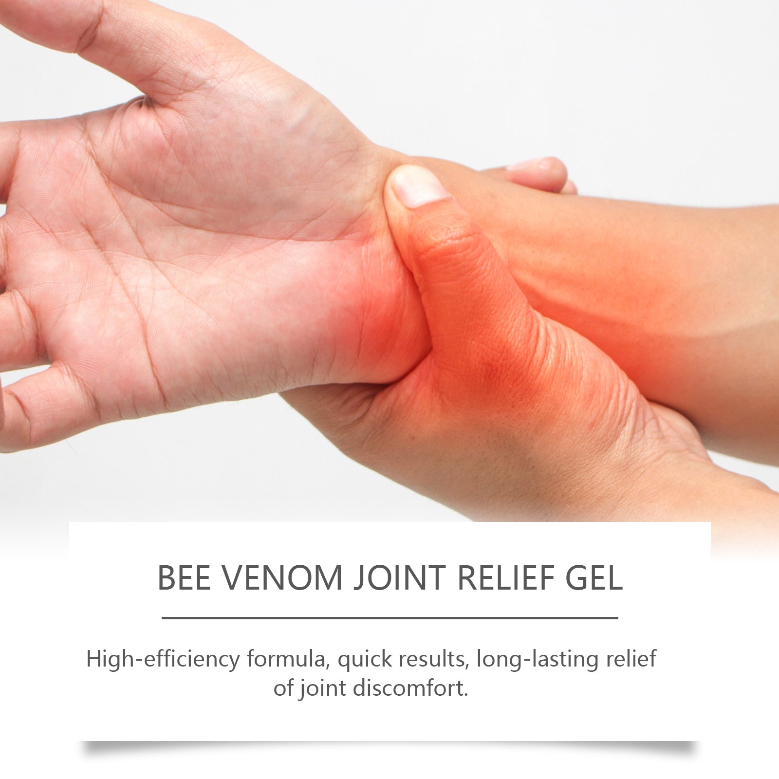 Close-up of inflamed red joint/wrist area being treated with the gel, showing visible inflammation and application method