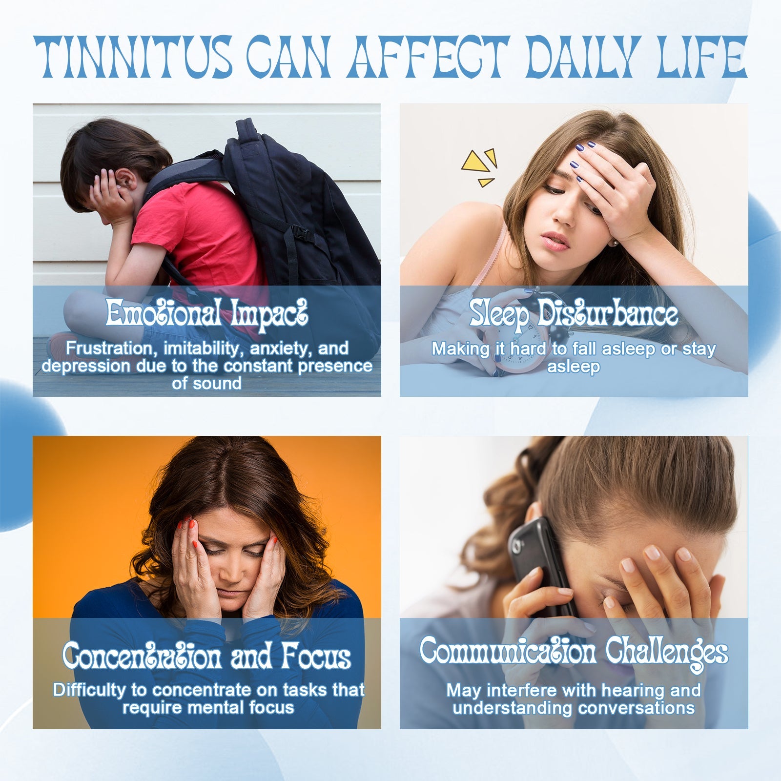 infographic showing four life impact scenarios: emotional distress, sleep disruption, concentration challenges, and communication problems from tinnitus