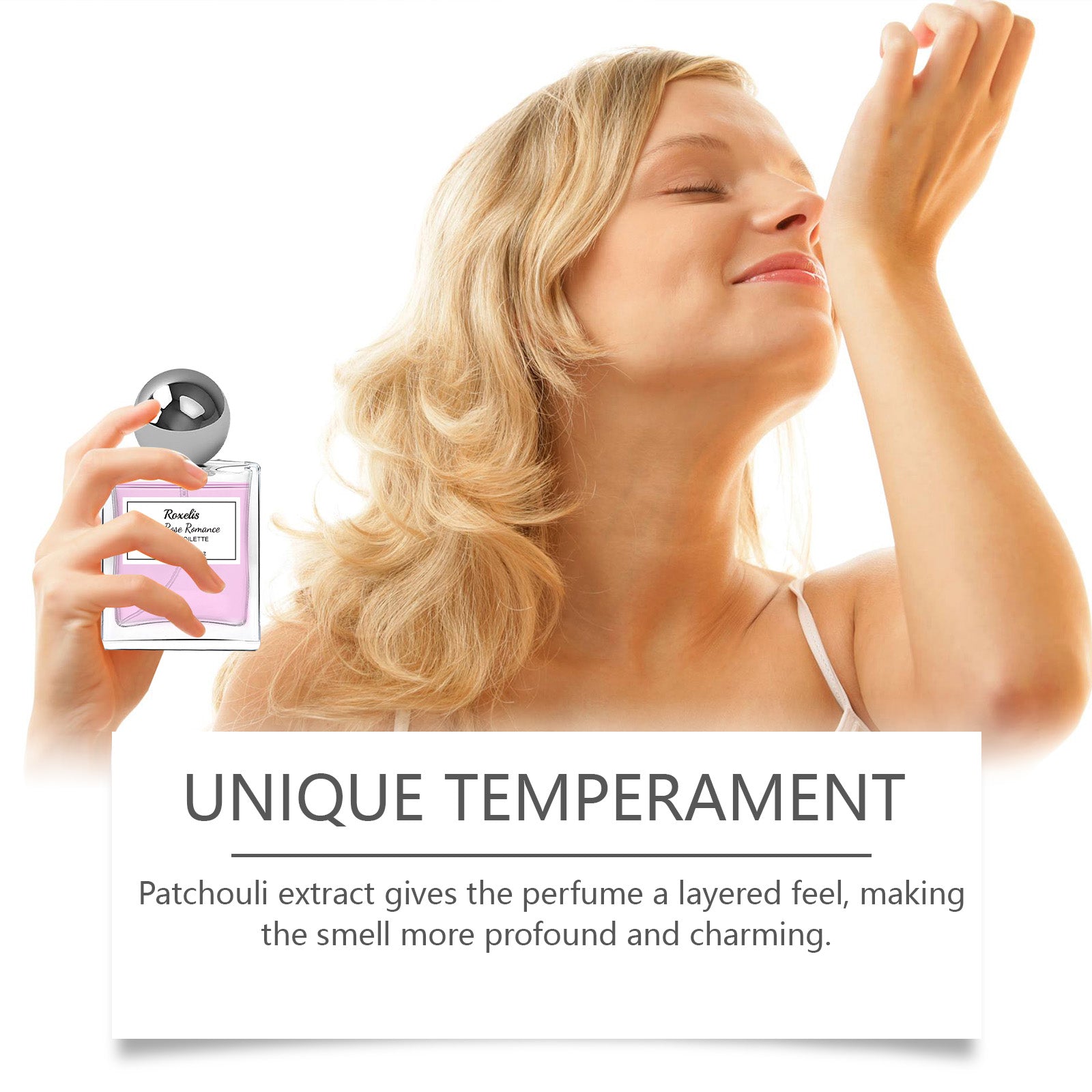 Blonde woman with eyes closed, holding perfume bottle, spraying fragrance with 'UNIQUE TEMPERAMENT' header and text explaining patchouli extract creates layered, profound charming scent
