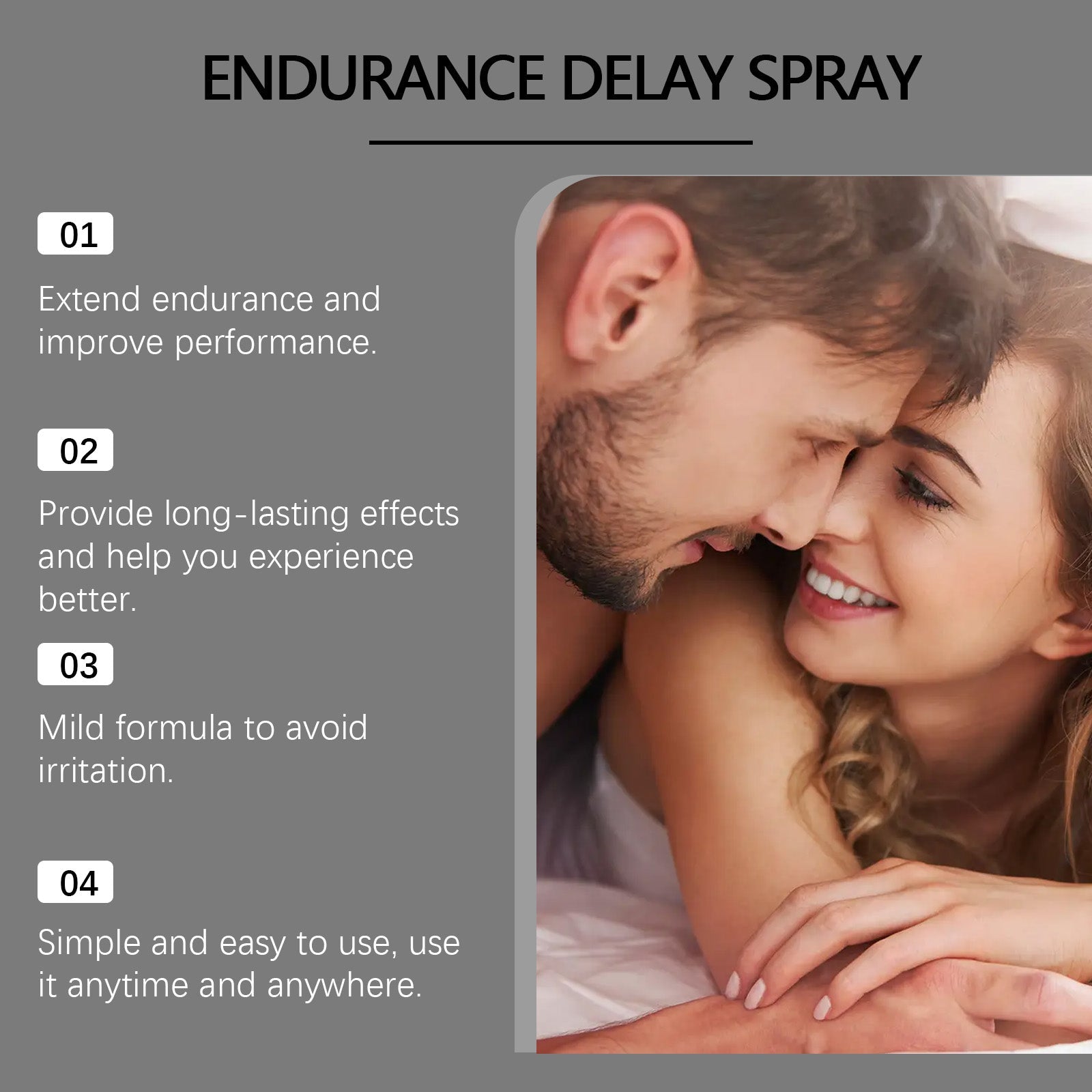 Happy couple in bed with text benefits: daily care, fresh smell, improved confidence and vitality, comprehensive care