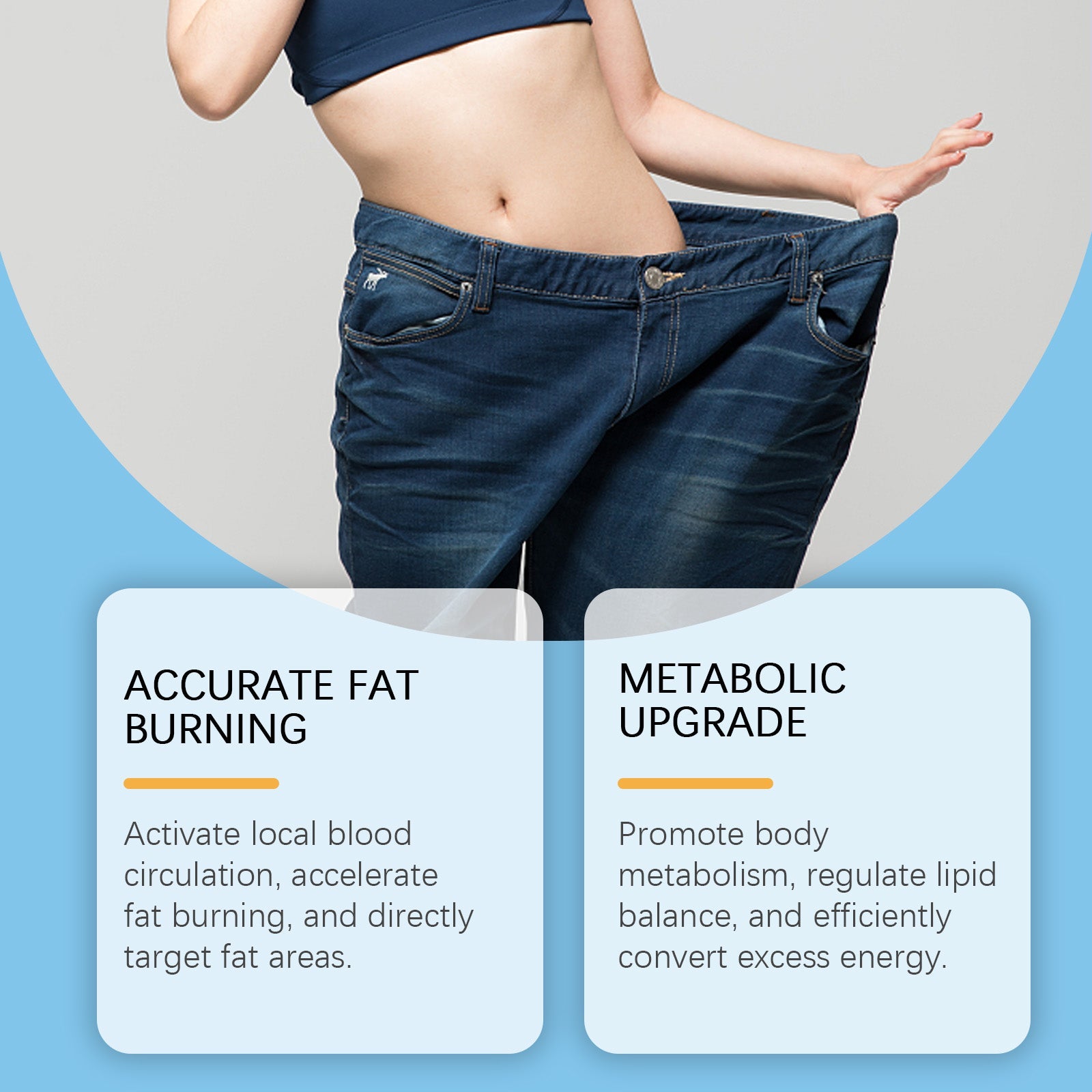 Woman wearing oversized jeans that no longer fit, showing dramatic size reduction