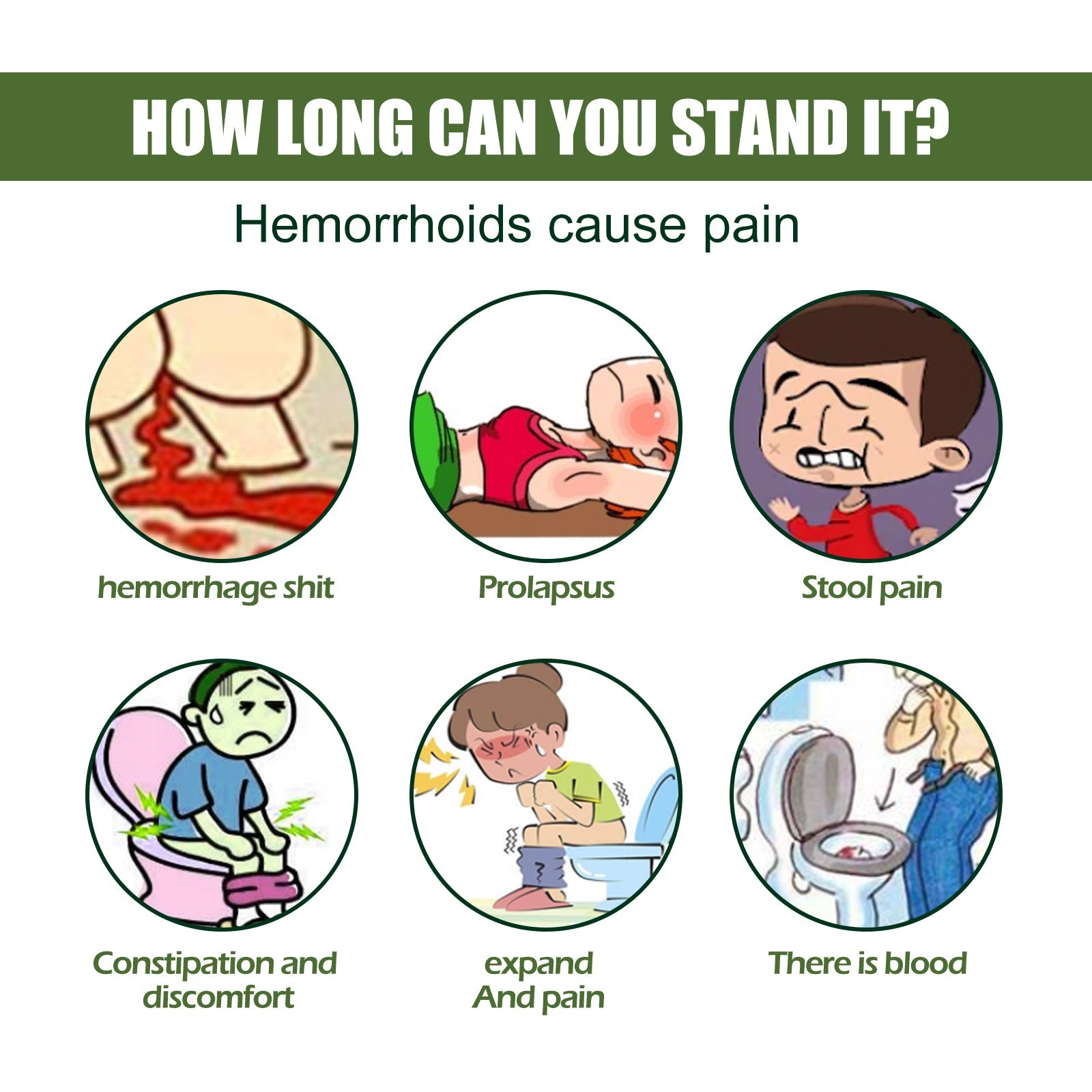 Infographic titled 'How Long Can You Stand It?' showing six illustrated pain scenarios caused by hemorrhoids