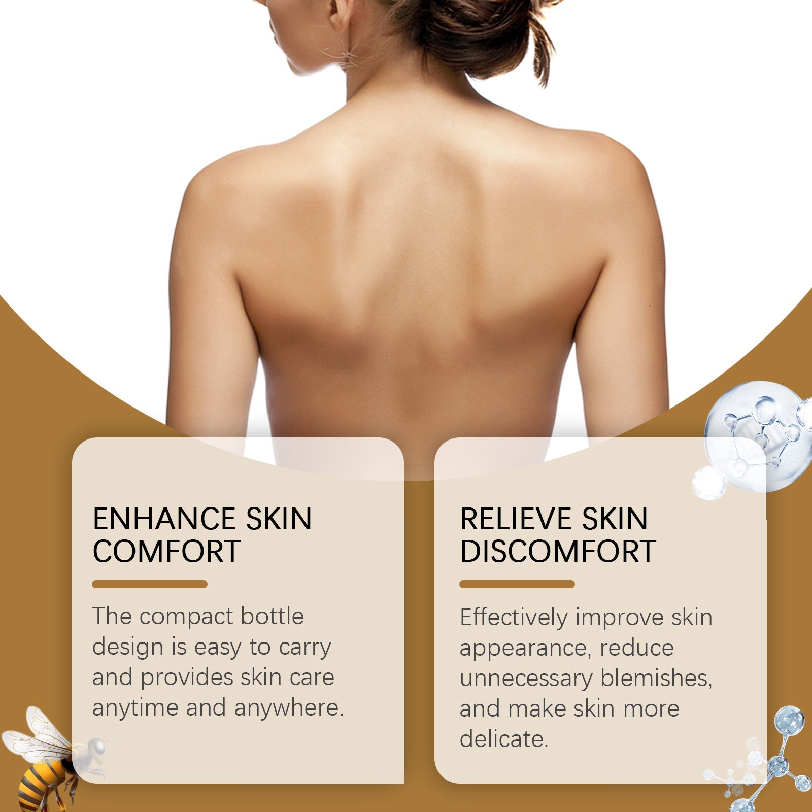 Close-up portrait of woman's face and neck with clear, smooth, glowing skin; text overlay states 'Daily use can effectively improve the appearance of the skin and make the skin look cleaner'