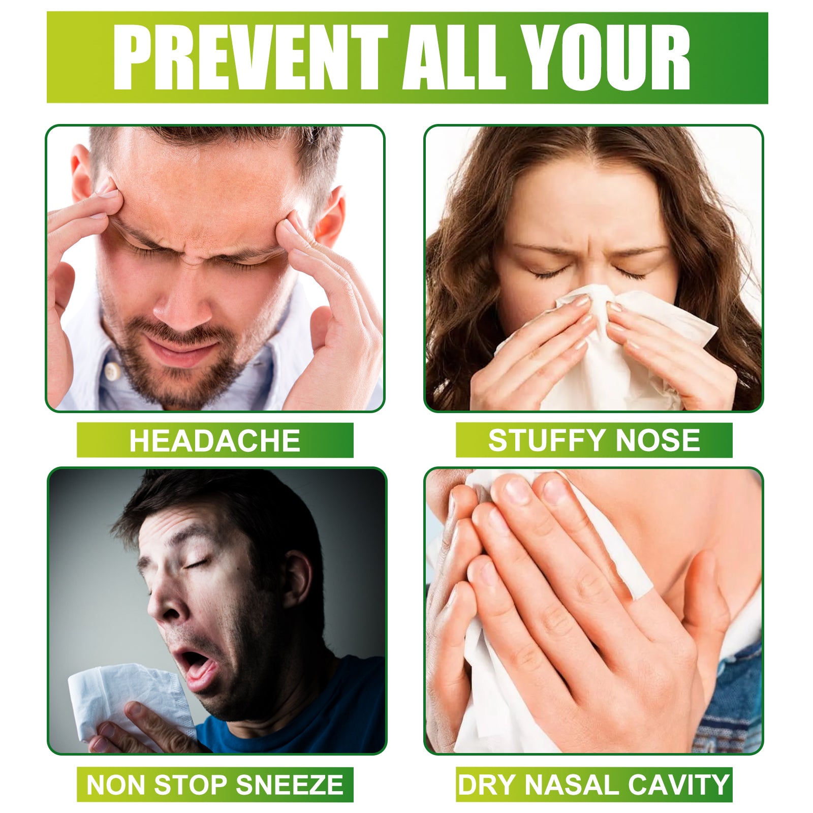 Grid of six diverse people showing nasal infection symptoms: yawning, sneezing, congestion, tissue use