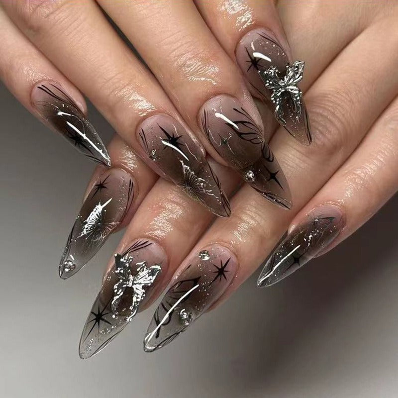 Long Almond Press-On Nails – Deep Red & Silver Bow Detail