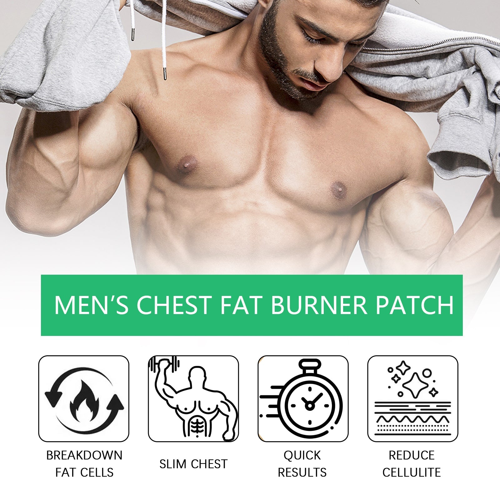 Multi-frame film strip progression showing four stages of chest transformation from loose to defined musculature over time