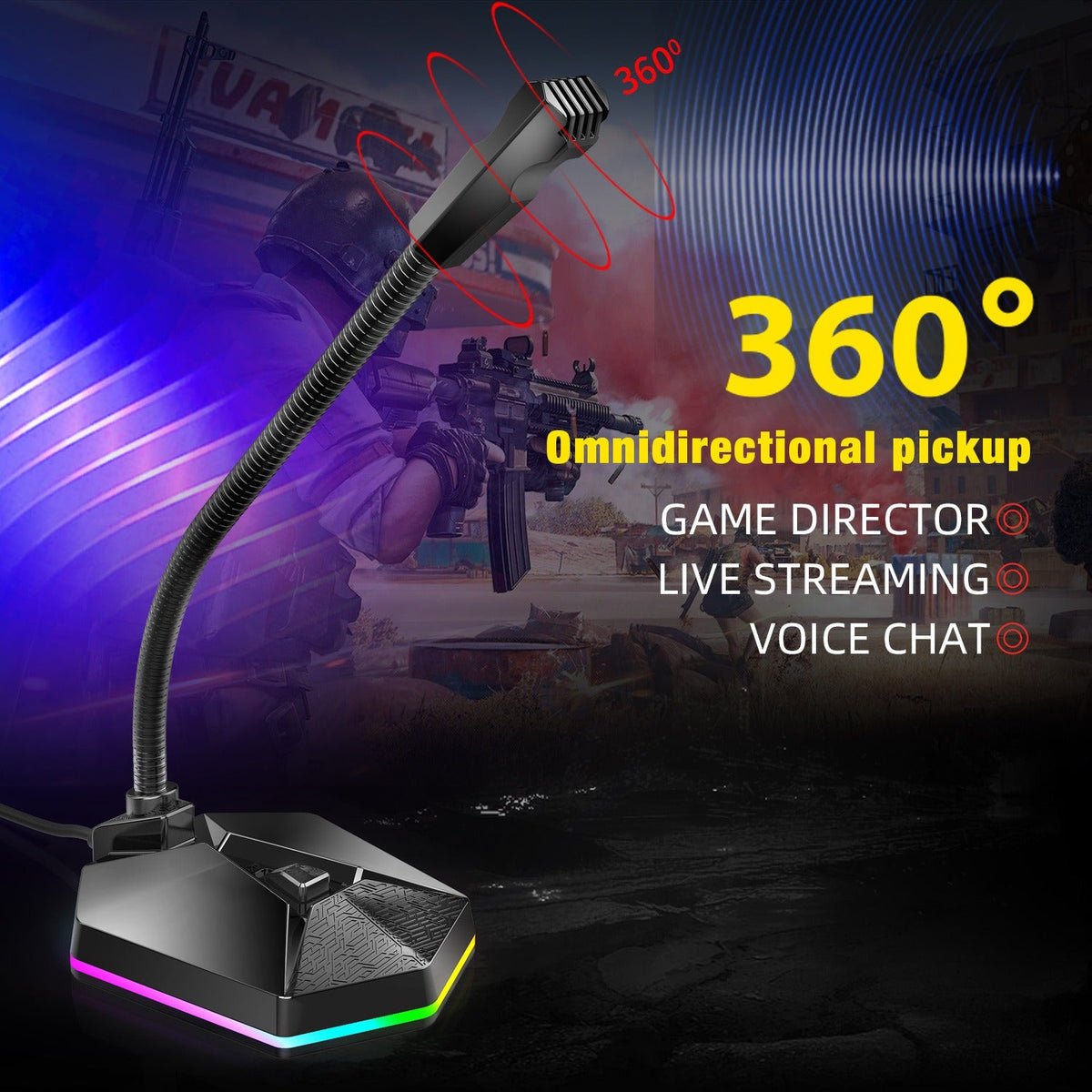 RGB USB Microphone for PC Gaming – No Drivers, Flexible