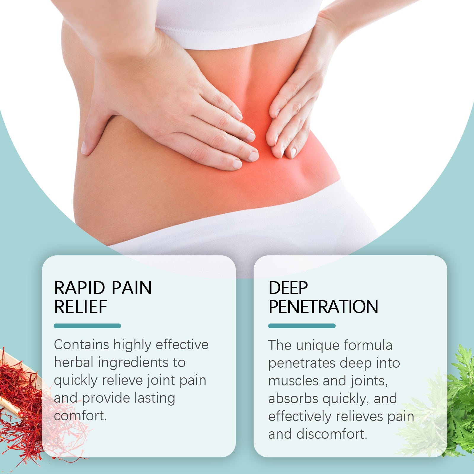 Product efficacy grid showing five scenarios: lower back pain before/after, abdominal area, muscular back, knee joint pain, and arm tendon pain