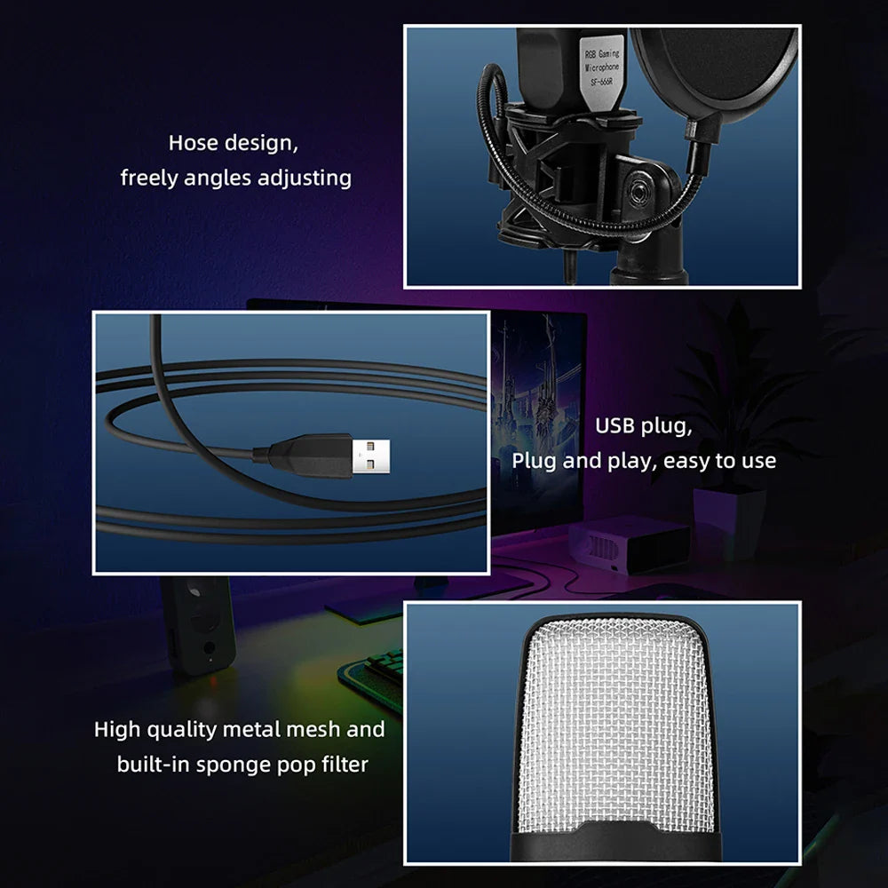 USB Gaming Microphone — 7-Color RGB Condenser Mic with Pop