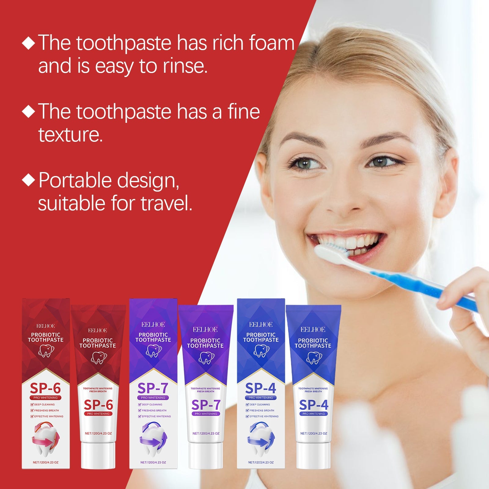 Six-pack display of EELHOE Probiotic Toothpaste in red (SP-6), purple (SP-7), and blue (SP-4) variants