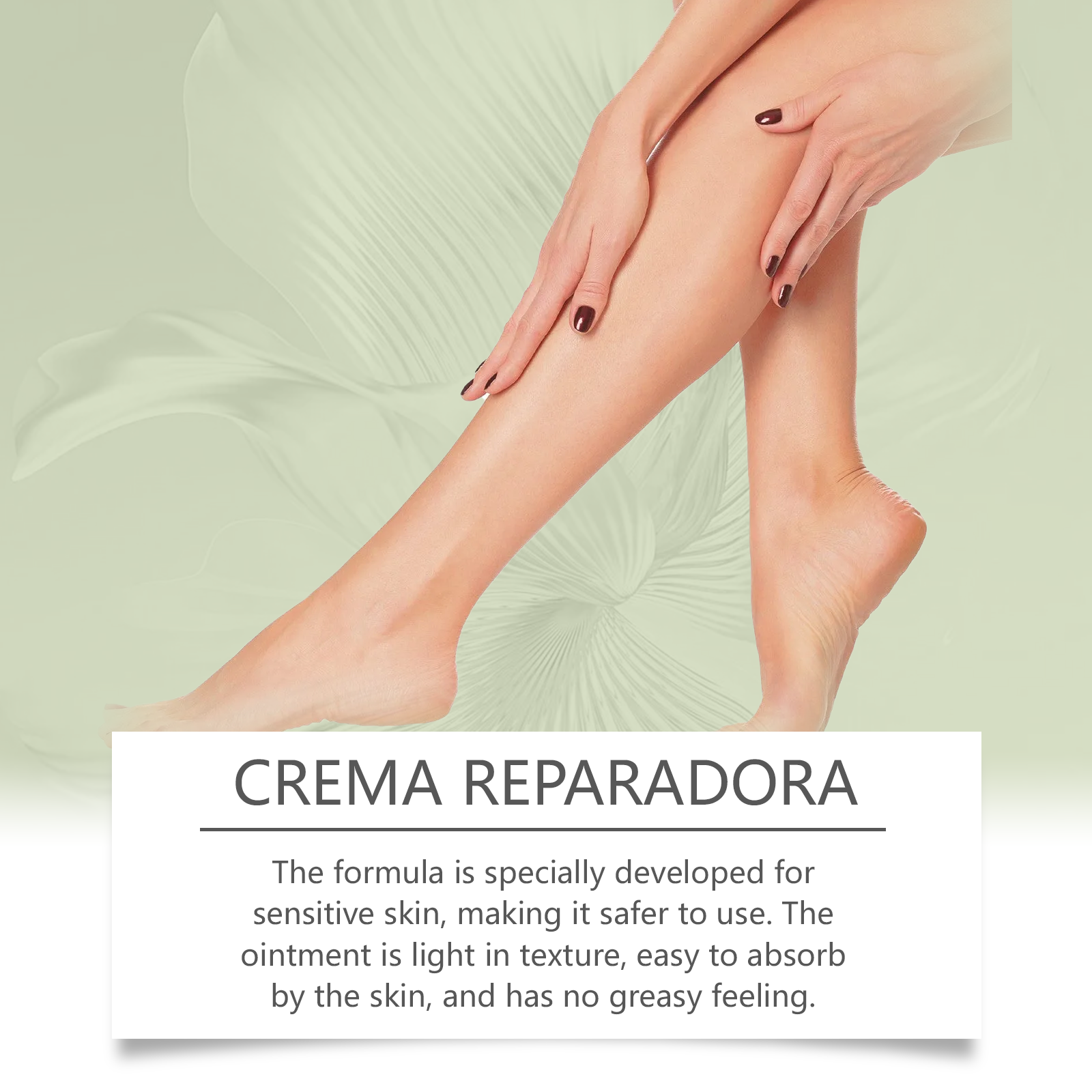 Woman applying cream to smooth, healthy-looking legs with product jar visible