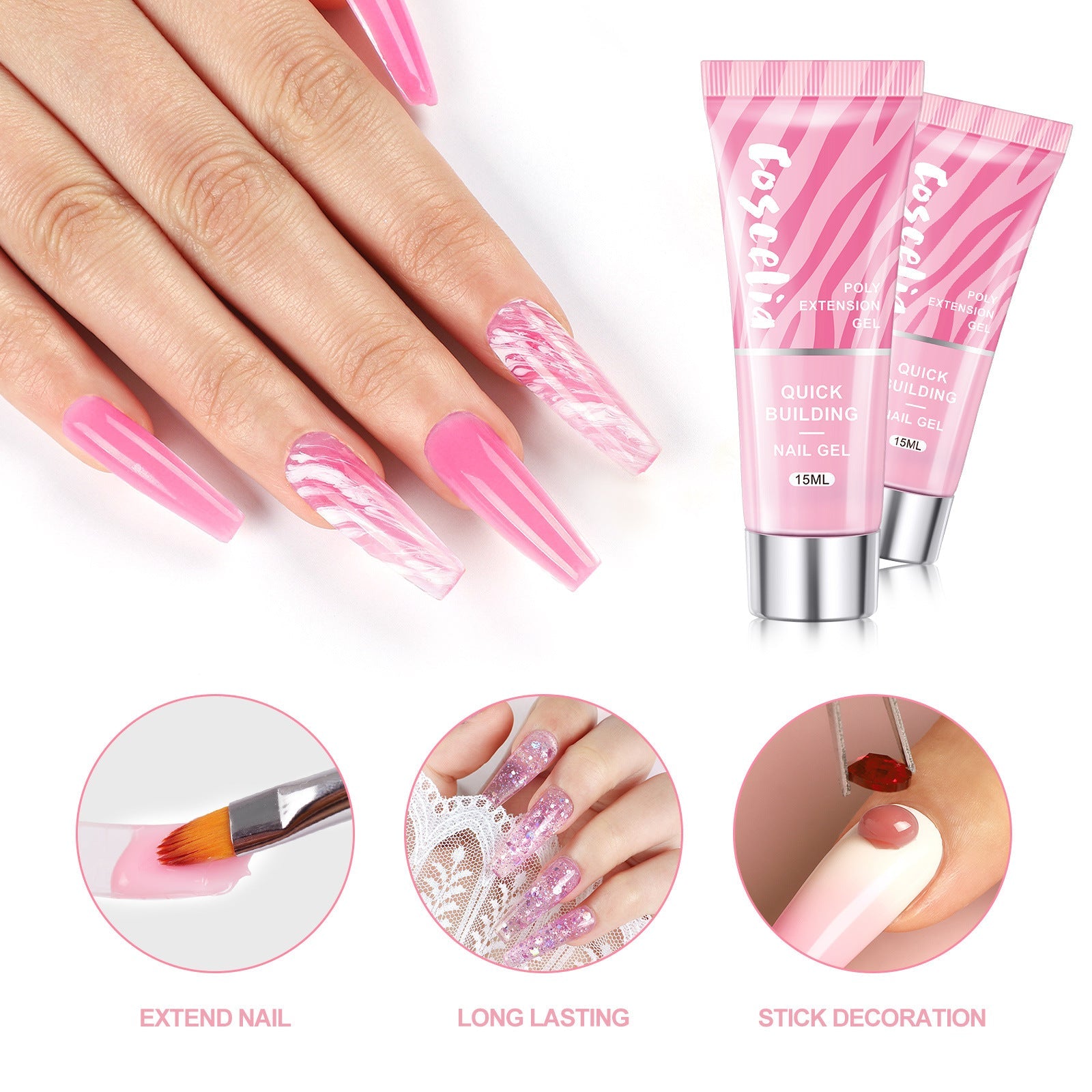 Close-up of gel being applied from pink tube with glitter gel dripping from brush applicator