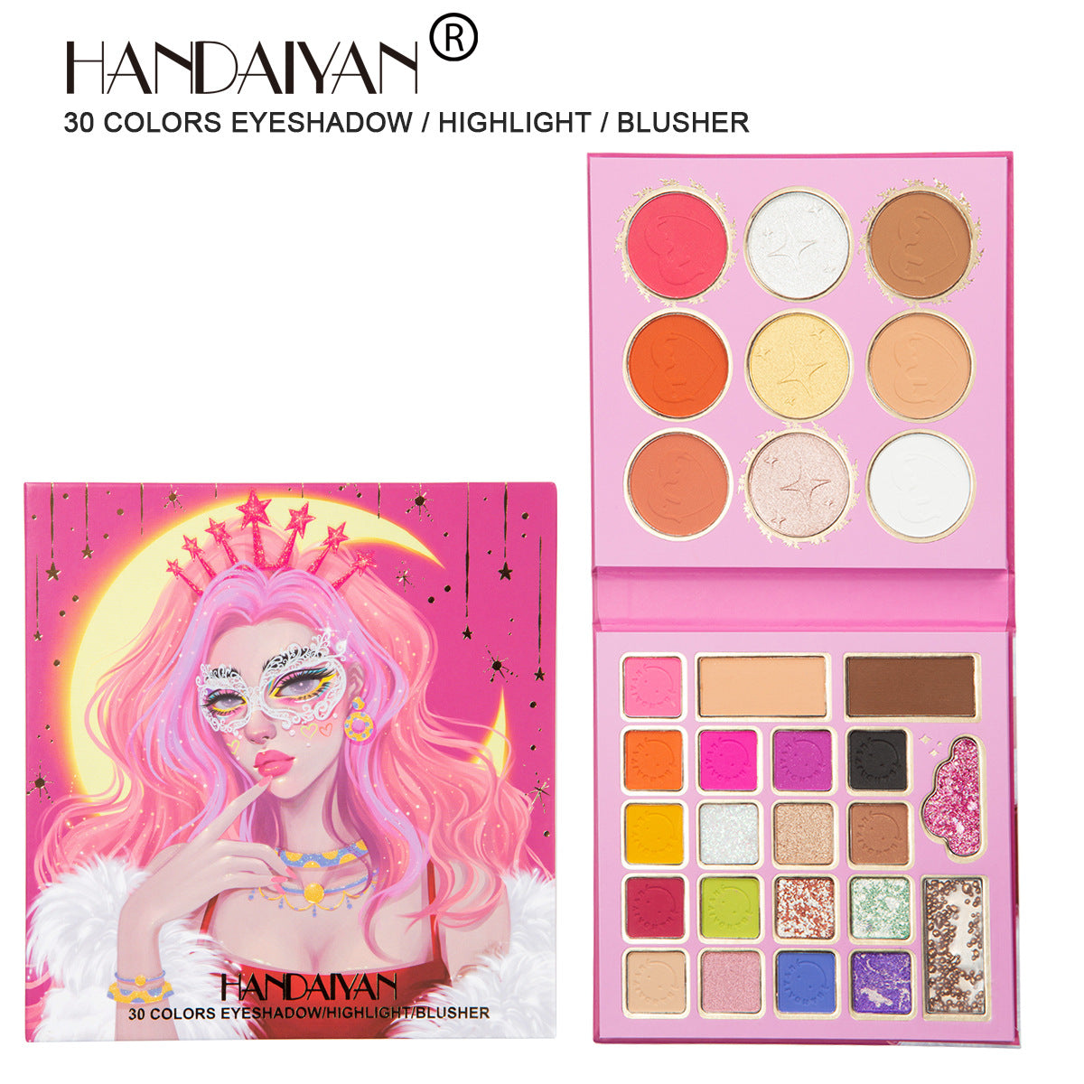30-Color Makeup Palette for Eyes, Blush & Highlight