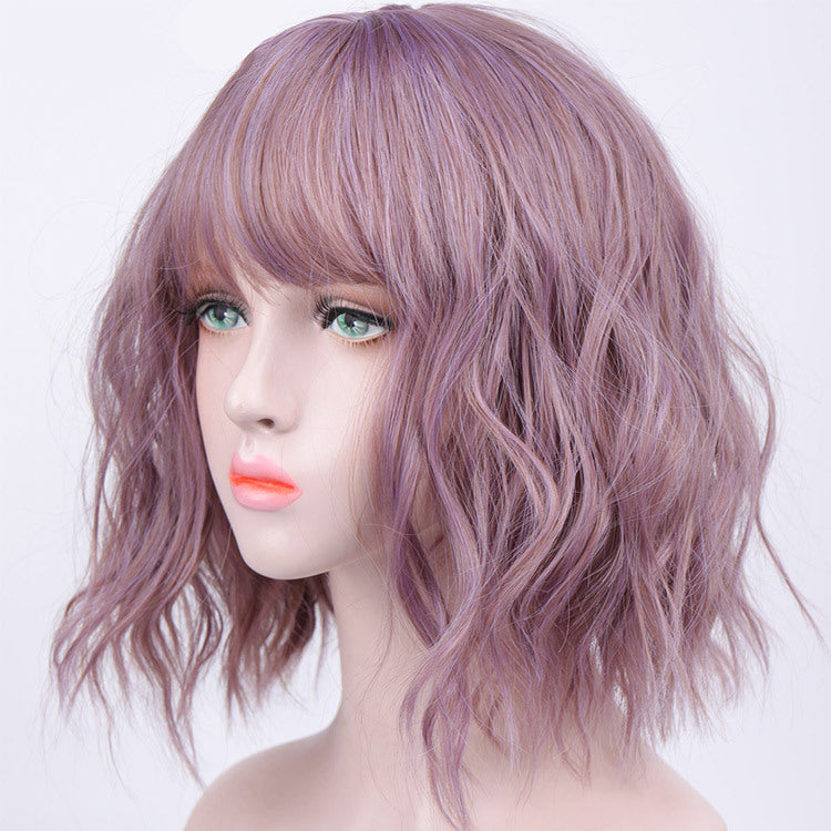 Lavender Curly Bob Wig – Corn Perm Waves, Adjustable Fit