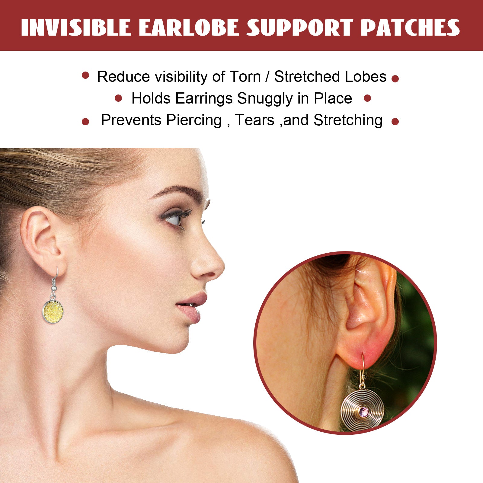 Split-screen showing ear with inflamed earlobe on left, then same ear with invisible patch applied on right; full ear profile lifestyle shot showing patch in use