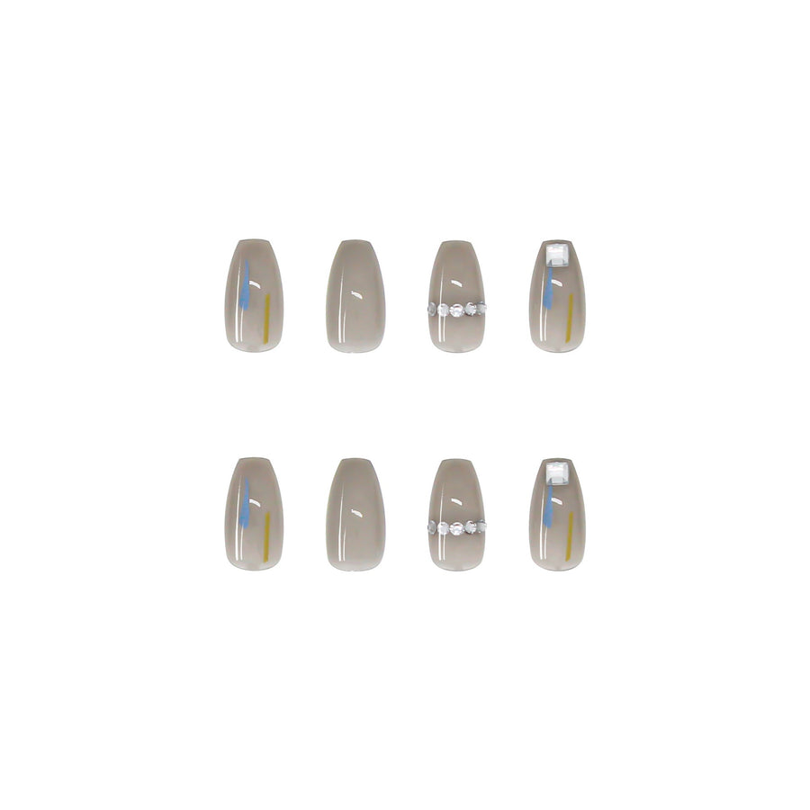 Transparent Gray Press-On Nails With Crystal Nail Art
