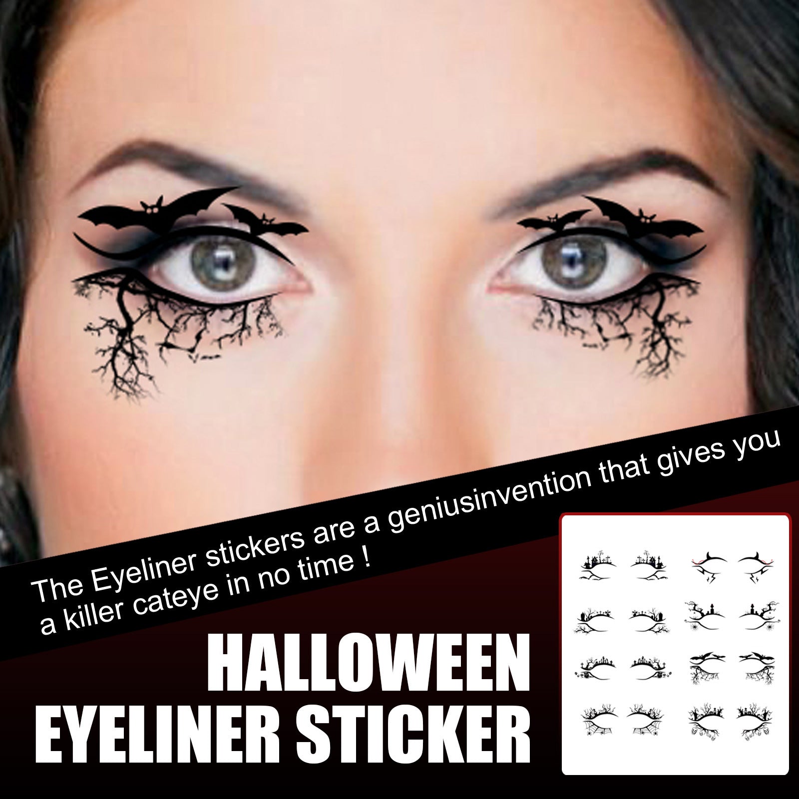 Four pairs of symmetrical Halloween eyeliner sticker designs featuring gothic themes with tree roots, lightning bolts, spider webs, haunted castles, and skulls