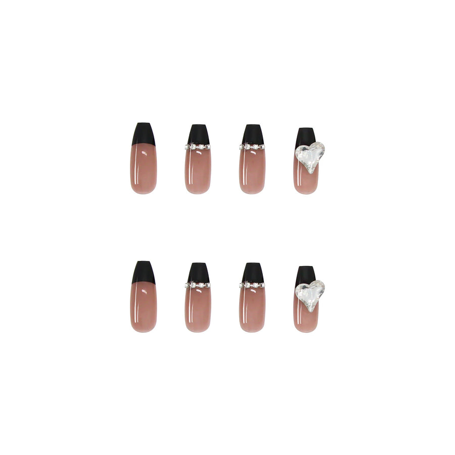 Black French Press-On Nails With Rhinestone Chain Art