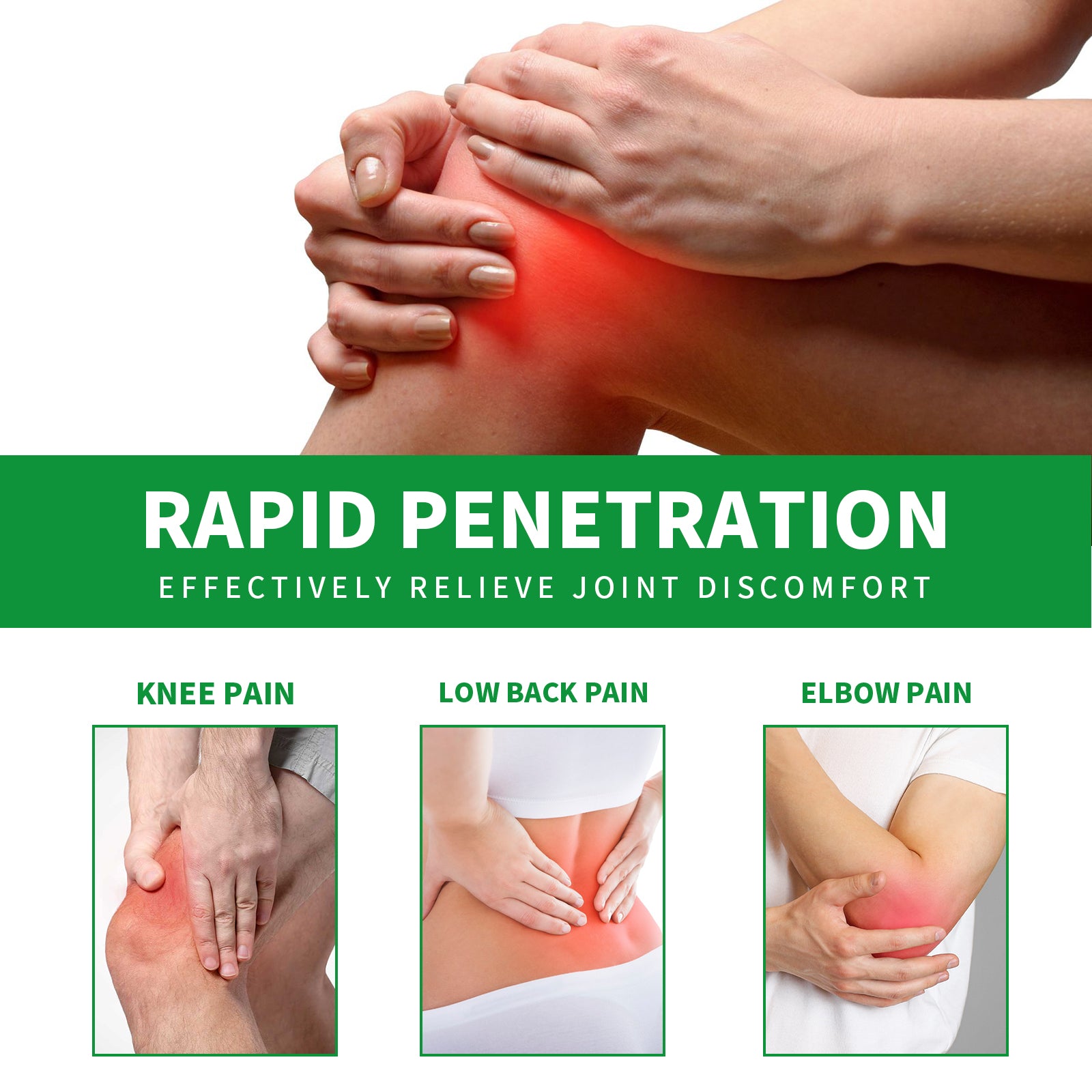 Two photos showing patch application on both knees with person peeling back corner