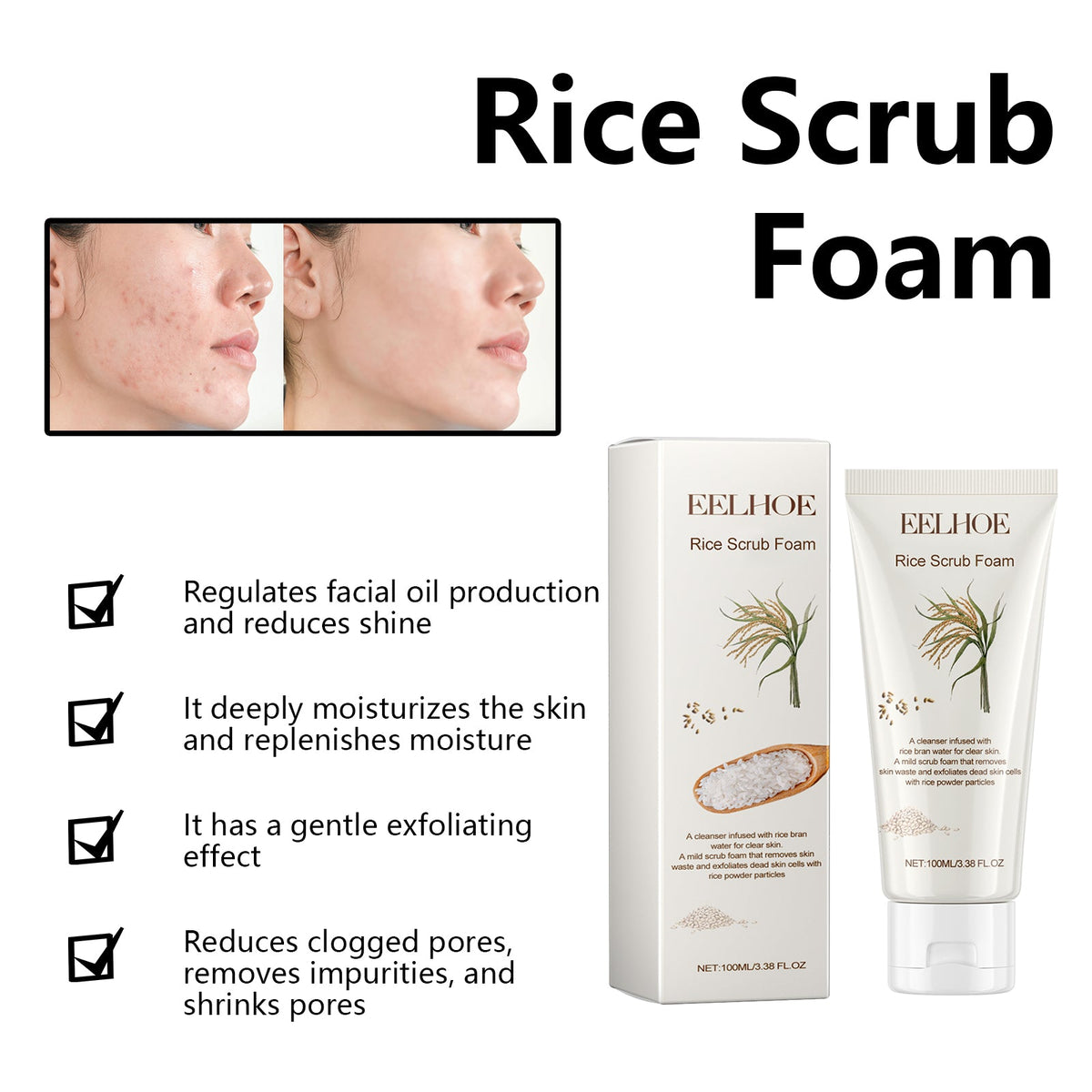 Rice Scrub Foam Cleanser - Refines Pores & Cuts Shine