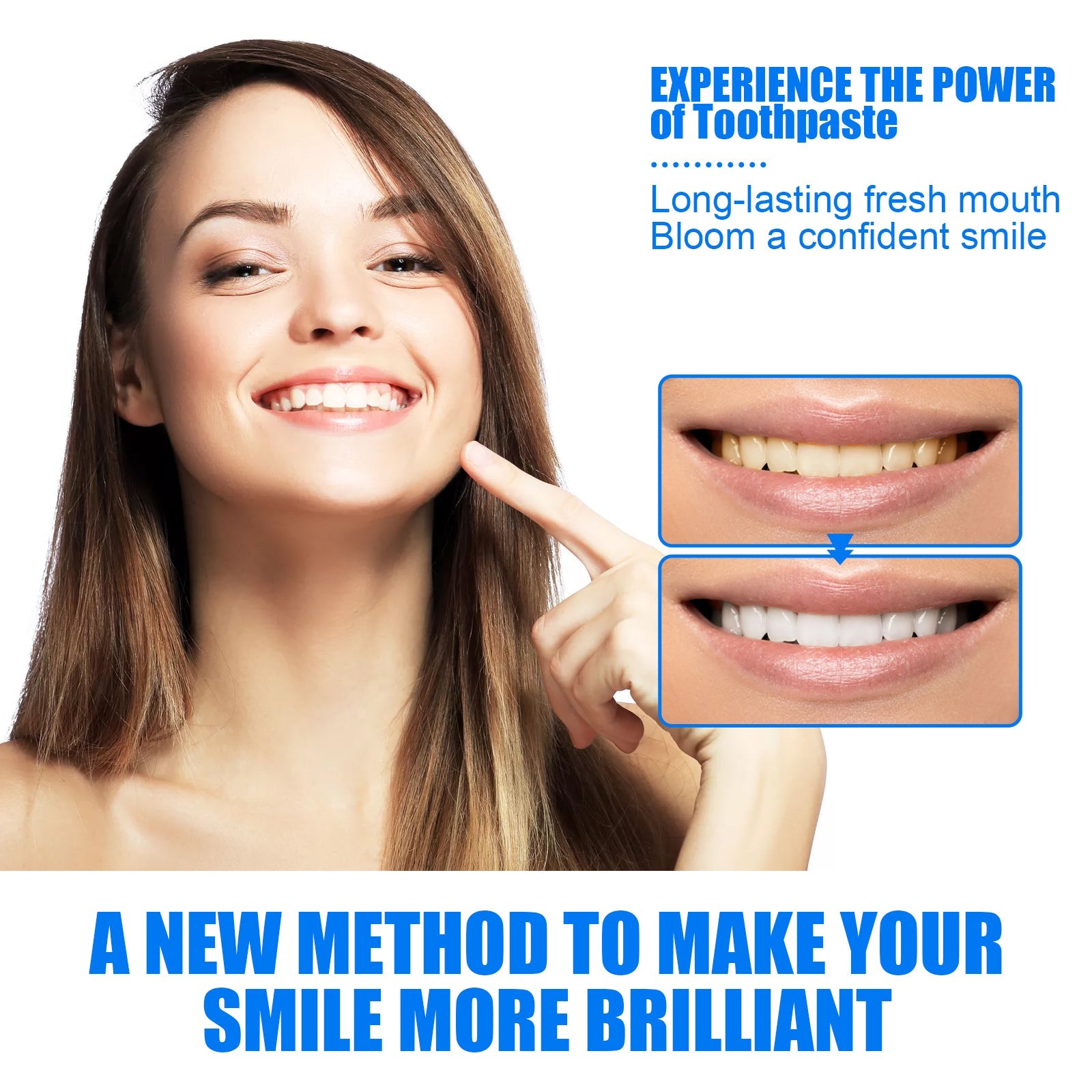 Young woman's hands showing healthy, glossy white teeth and clean nails
