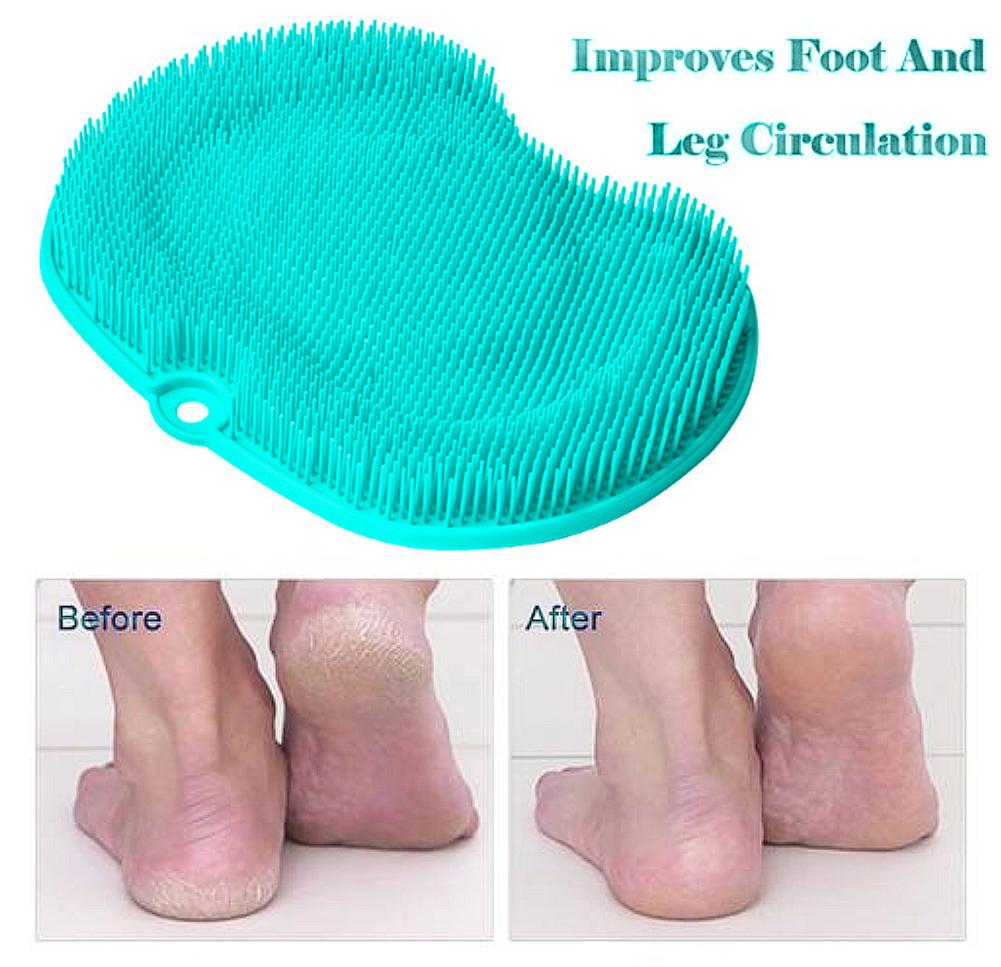 Three lifestyle images showing pain points (injury, back pain, pregnancy discomfort) followed by foot massager, foot circulation diagram, and pressure point map