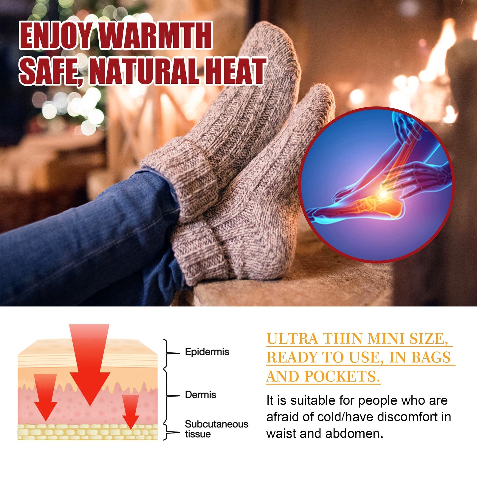 Lifestyle shot of person wearing colorful striped socks with visible red thermal glow on feet