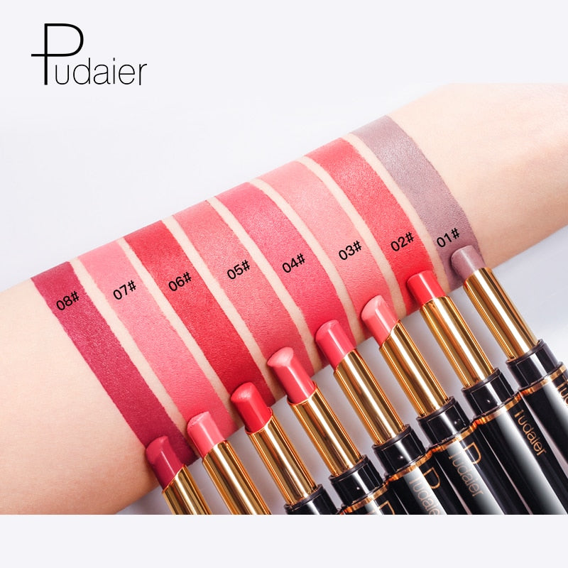 Shade 12# applied on lips: muted mauve-rose on fair skin and full burgundy on medium-dark skin