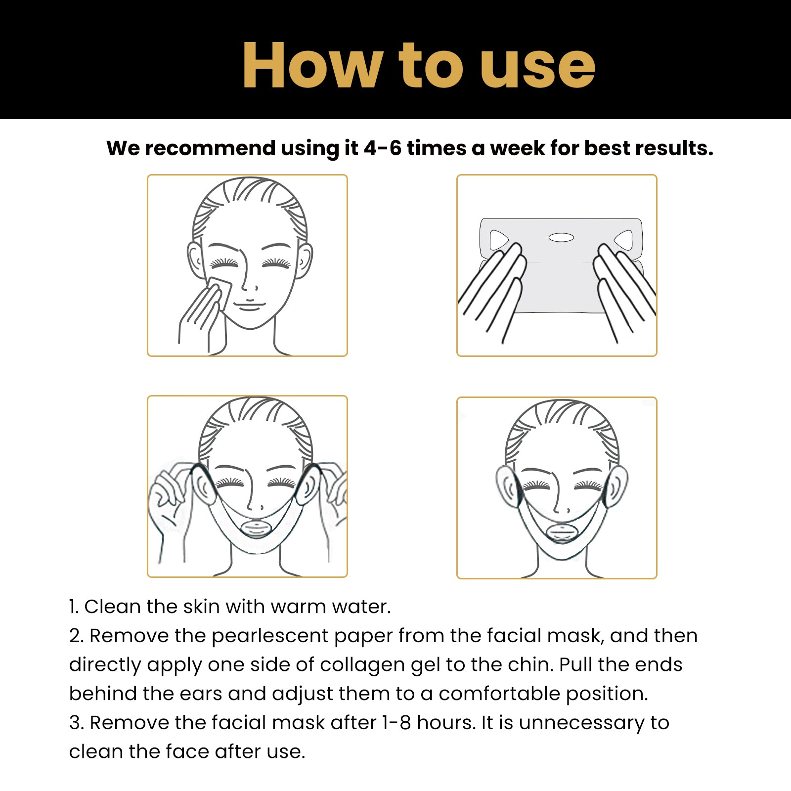 Lifestyle image of woman applying gold lifting arrows to face with contoured white silicone mask visible