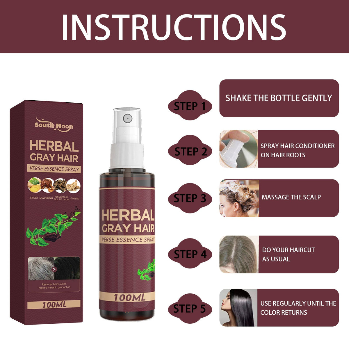 Herbal Gray Hair Essence Spray for Natural-Looking Color