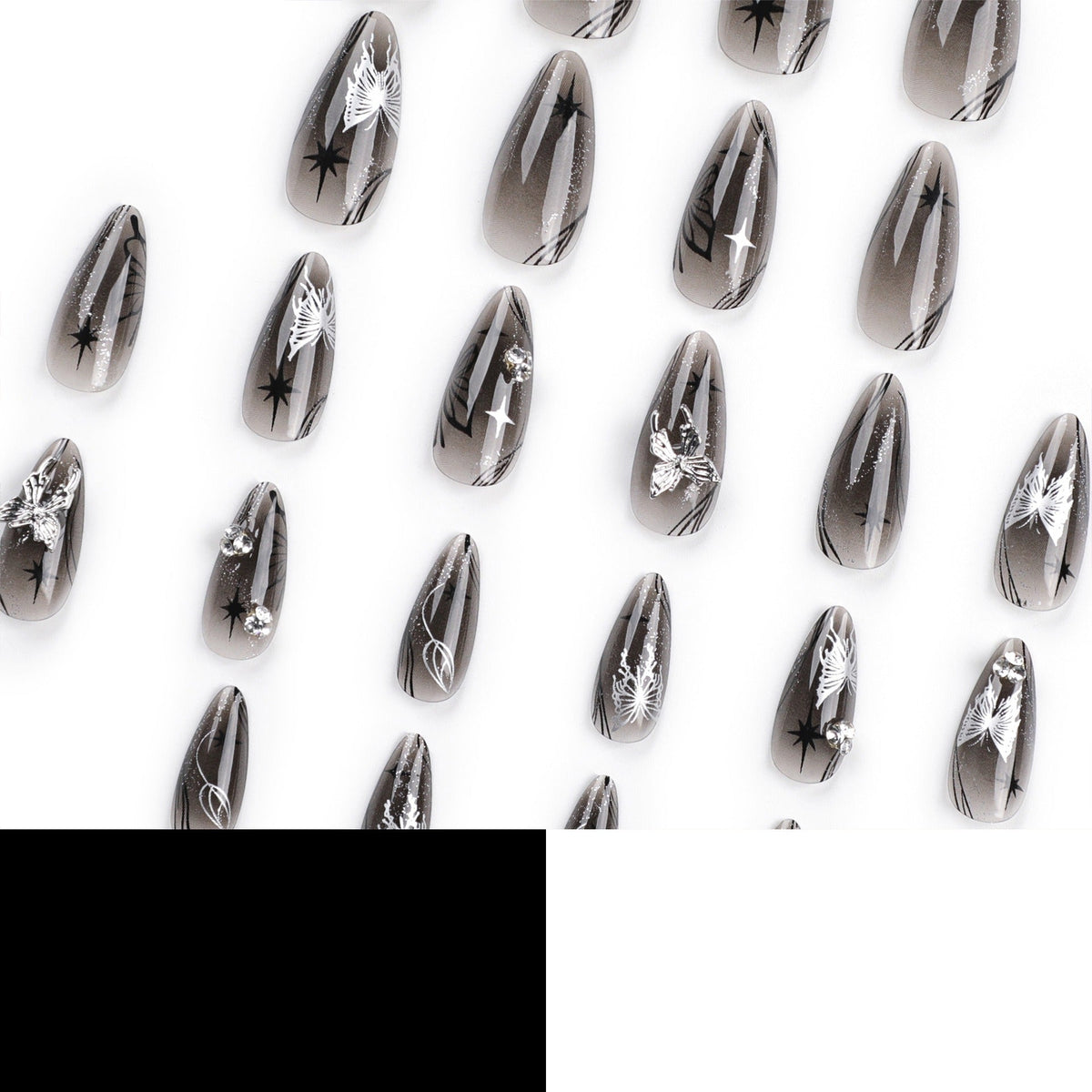 Long Almond Press-On Nails – Deep Red & Silver Bow Detail