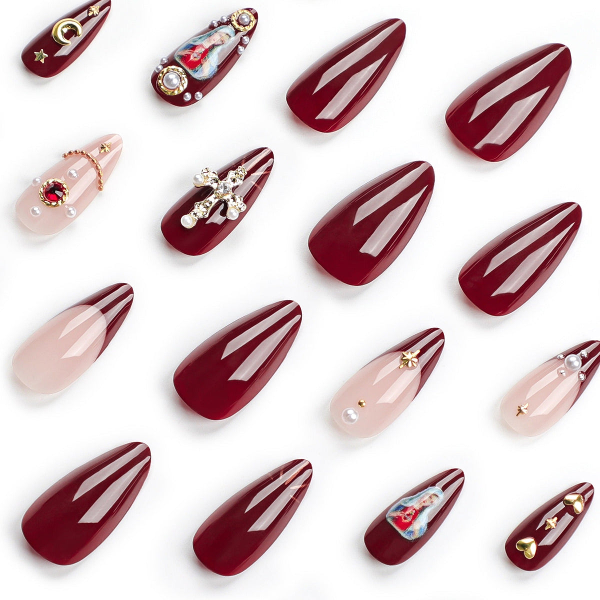 Press-On Nail Set with 3D Cross & Charm Art — Expressive