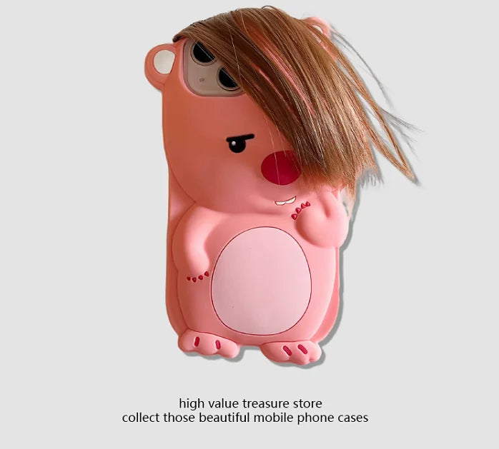 Cartoon Bear iPhone 15 Pro Max Case with Hair Bangs