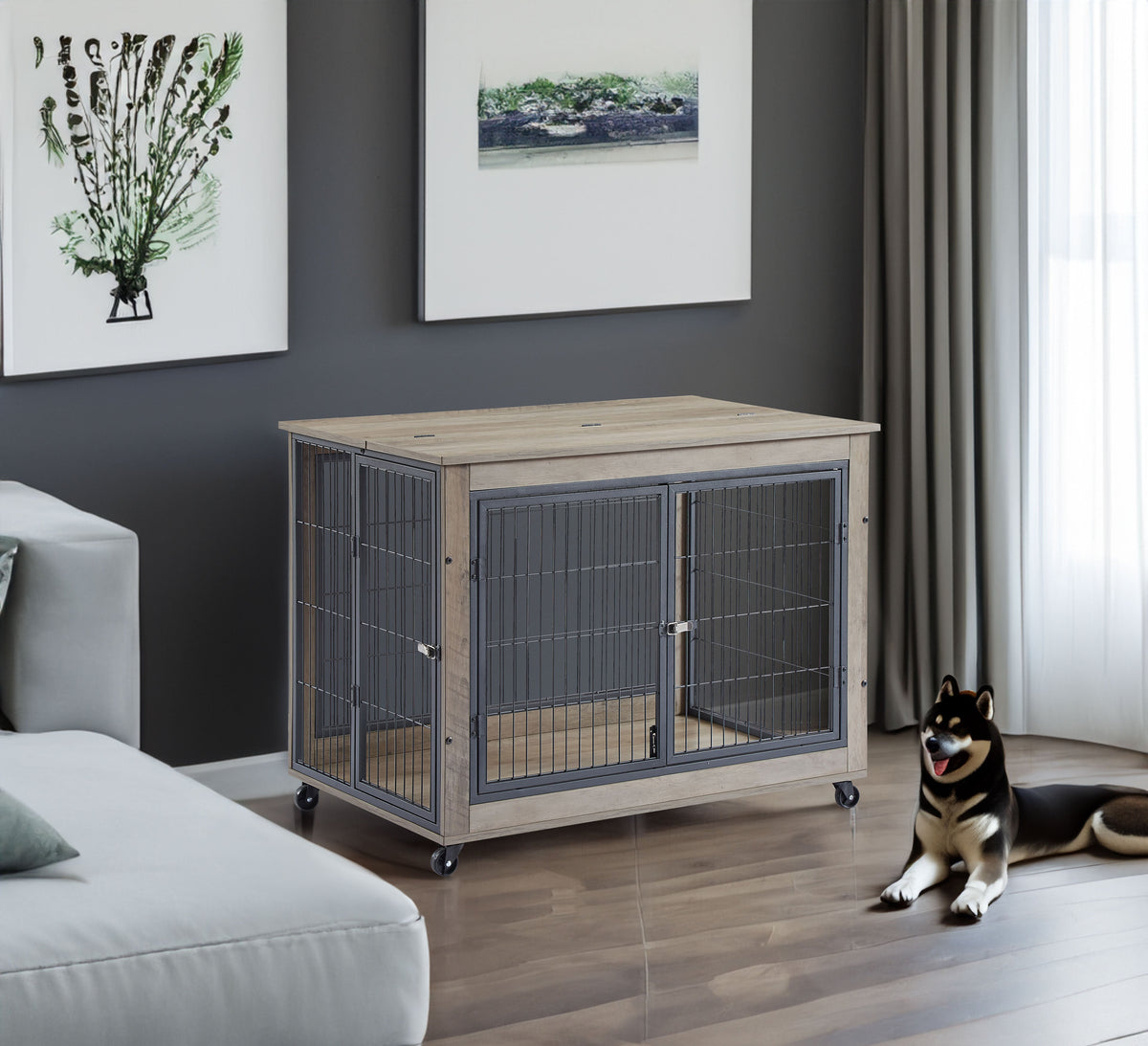 Furniture Style Dog Crate Side Table With Wheels