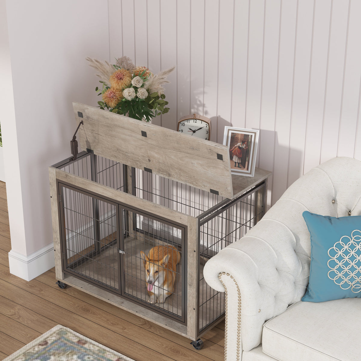 Furniture Style Dog Crate Side Table With Wheels