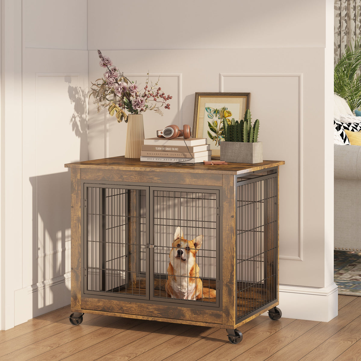 Rustic Furniture Style Dog Crate Side Table on Wheels