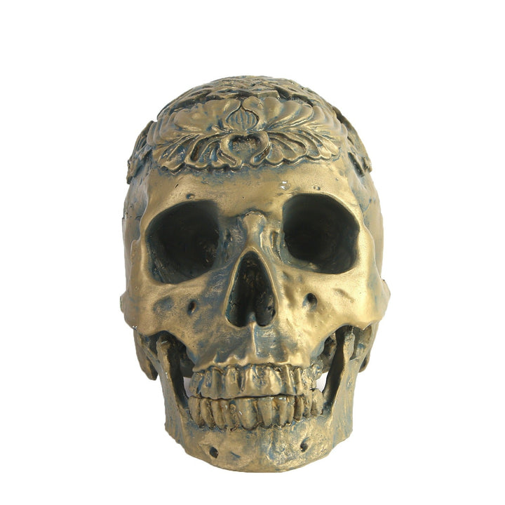 Resin Skull Ornament – Antique Gold Gothic Shelf Decor