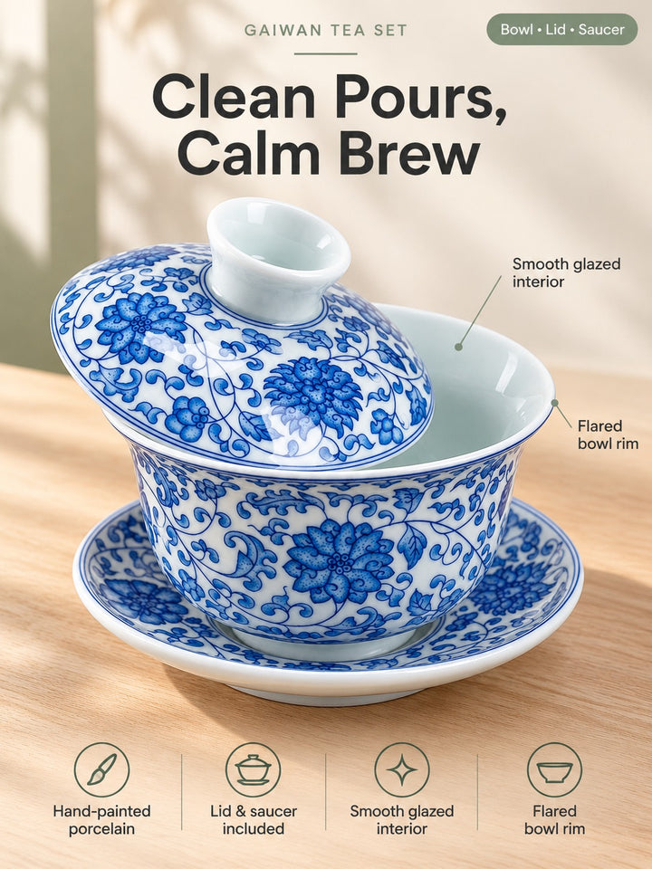 Gaiwan Tea Set: Hand-Painted Blue and White Porcelain