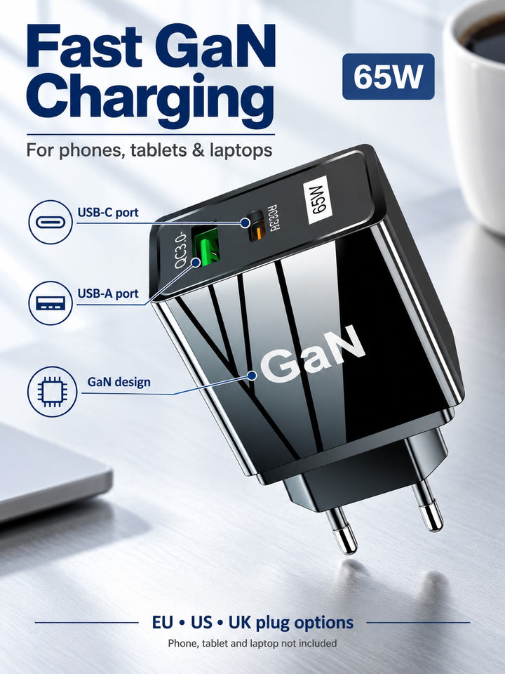 GaN 65W USB-C Fast Charger: Phone, Tablet and Laptop