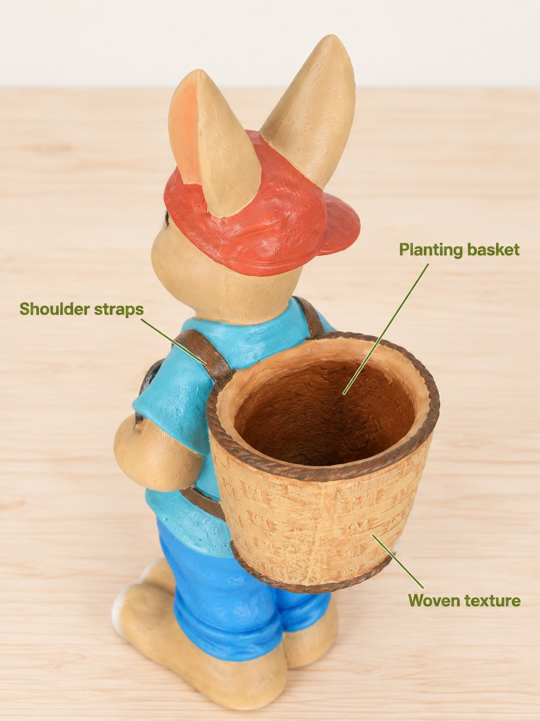 Garden Rabbit Planter Statue with Woven Basket Charm