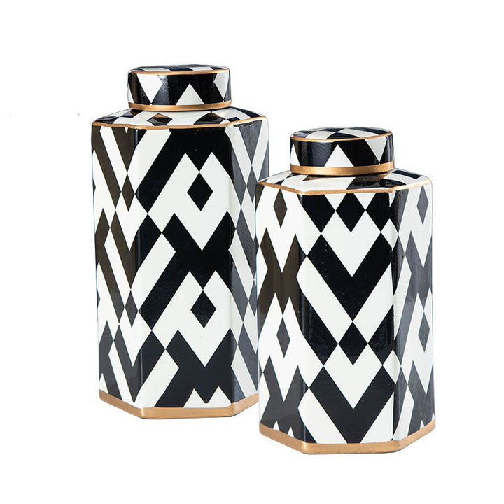 Black and White Geometric Ceramic Storage Jar with Lid