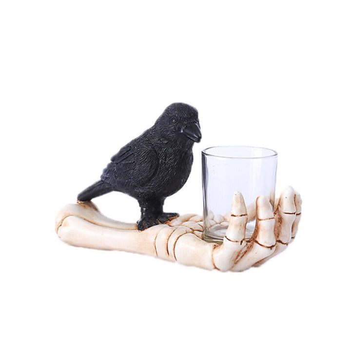Gothic Crow Candle Holder with Skeletal Hands Decor