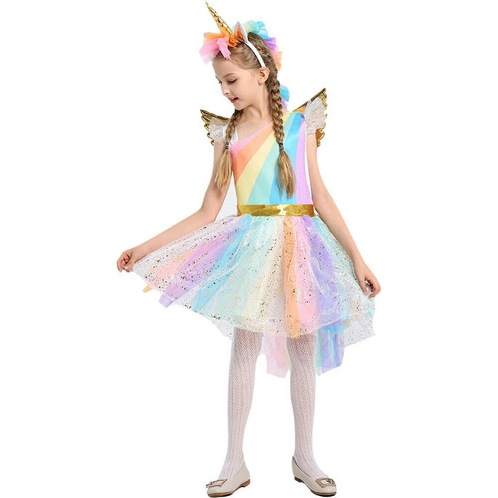 Girls' Rainbow Unicorn Costume Dress with Wings Set