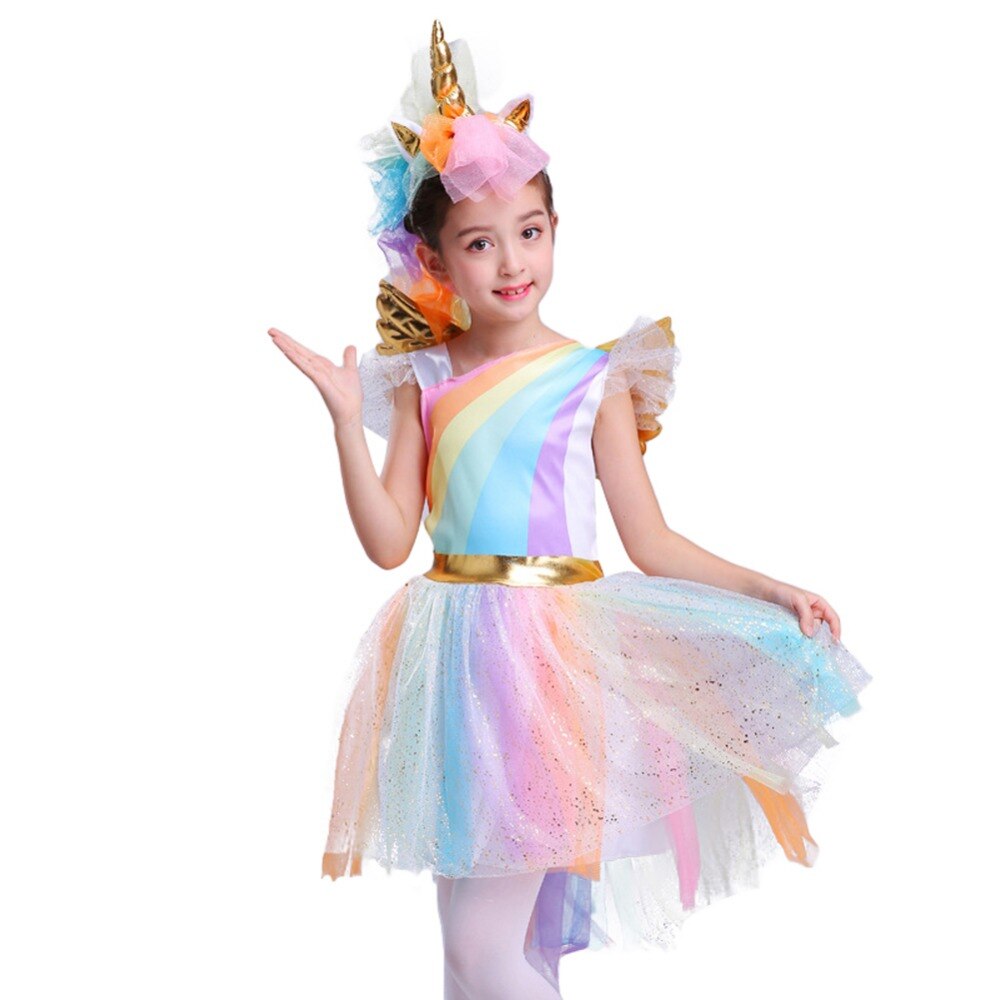 Girls' Rainbow Unicorn Costume Dress with Wings Set