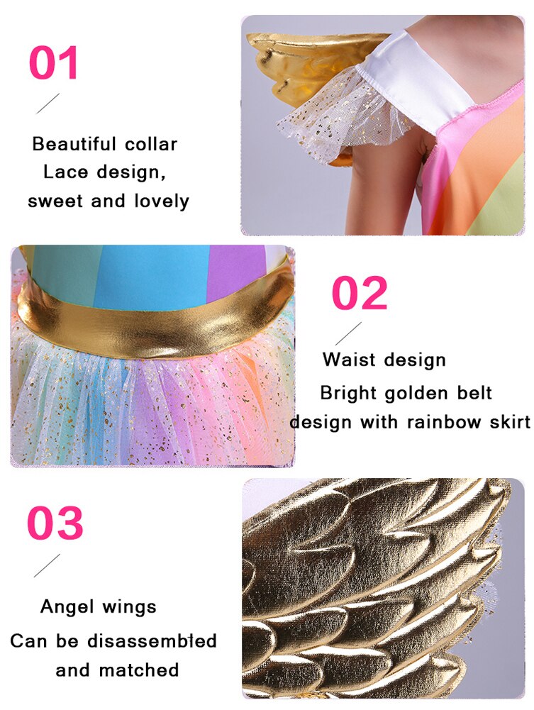 Girls' Rainbow Unicorn Costume Dress with Wings Set